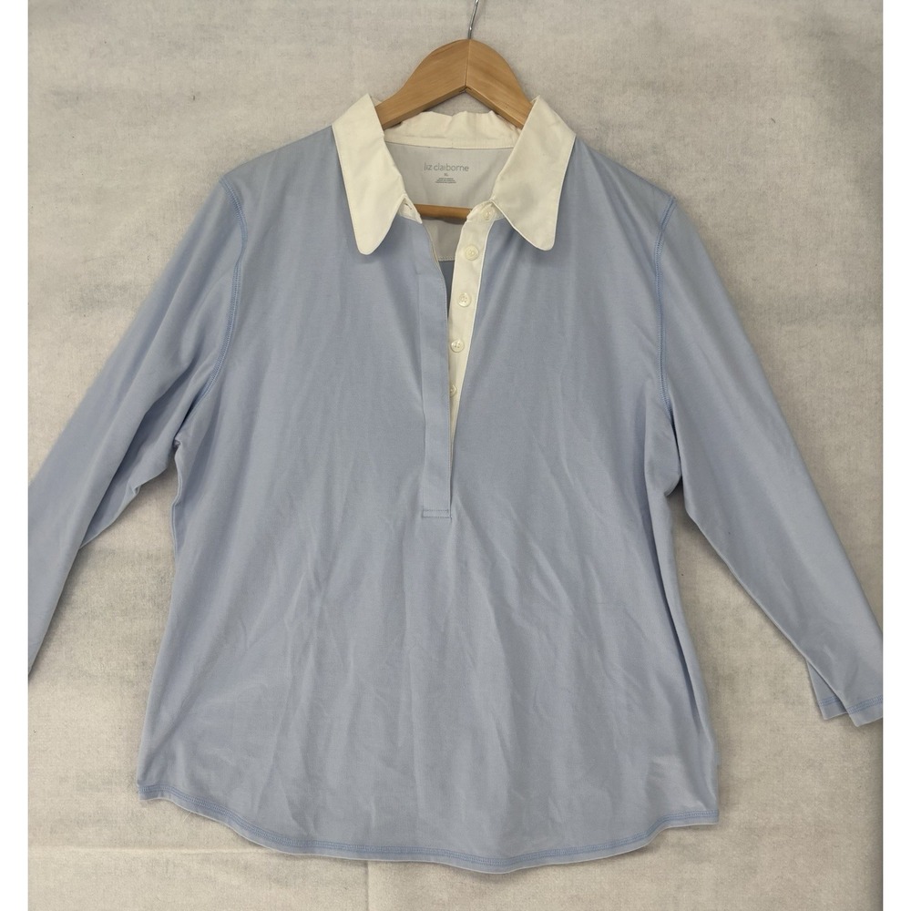 Liz Claiborne Woman's XL Blue Polo Style Collared Shirt 3/4 Sleeve Button